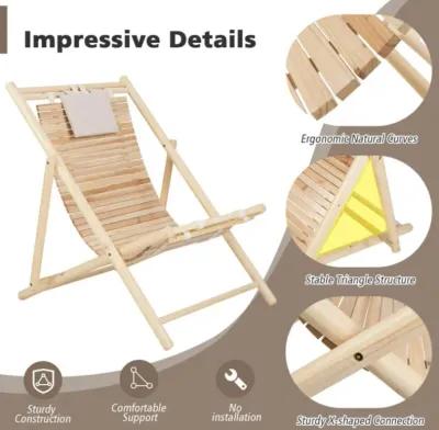 Hivvago Solid Fir Wood Lounge Chair with 3-Level Adjustable Backrest and Soft Padded Headrest-Natural