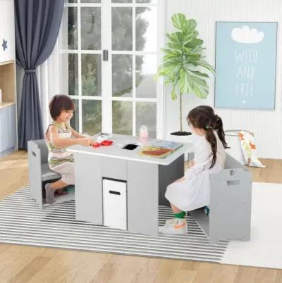 Hivvago 4-in-1 Kids Table and Chairs with Multiple Storage for Learning-Gray