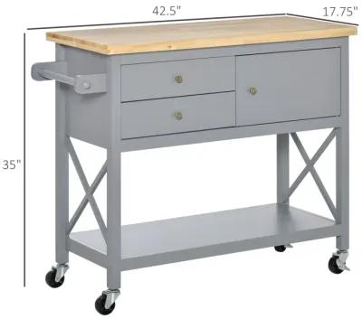 Grey Kitchen Helper: Rolling Utility Cart with Rubberwood Top and Storage