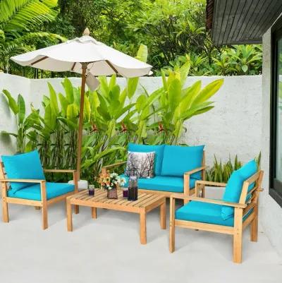 Outdoor 4 Pieces Acacia Wood Chat Set with Water Resistant Cushions-Red