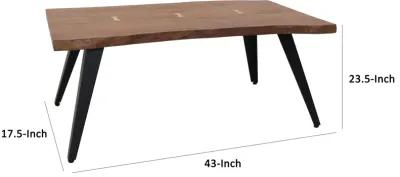 47 Inch Coffee Table, Live Edge Acacia Wood with Iron Legs, Brown, Black-Benzara