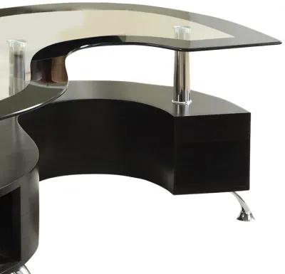 S Shape Contemporary Wood Base Coffee Table with Glass Top,Silver and Brown-Benzara