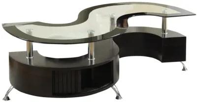 S Shape Contemporary Wood Base Coffee Table with Glass Top,Silver and Brown-Benzara