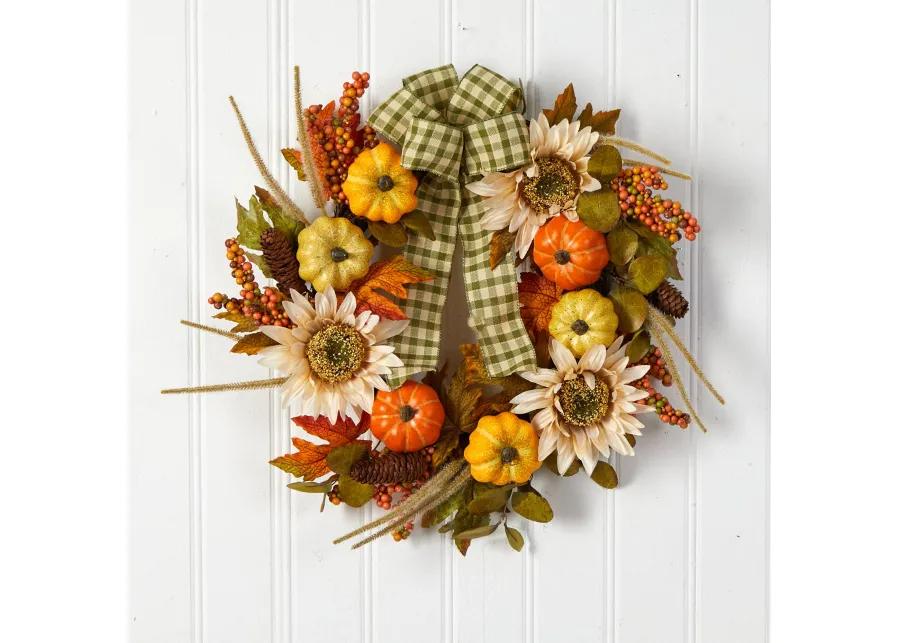 HomPlanti 24" Fall Pumpkin, Sunflower Artificial Autumn Wreath with Decorative Ribbon