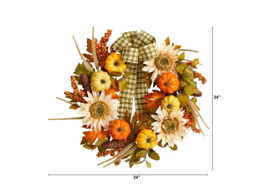 HomPlanti 24" Fall Pumpkin, Sunflower Artificial Autumn Wreath with Decorative Ribbon