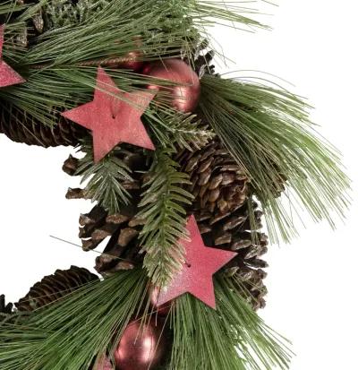 Red and Green Pine Needle  Pinecone and Star Christmas Wreath  13.5-Inch  Unlit