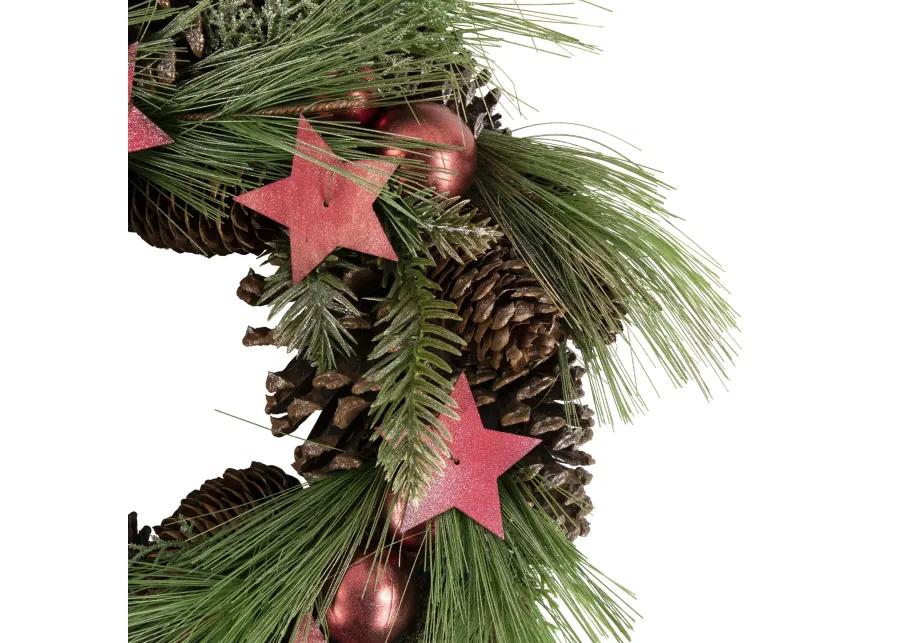 Red and Green Pine Needle  Pinecone and Star Christmas Wreath  13.5-Inch  Unlit