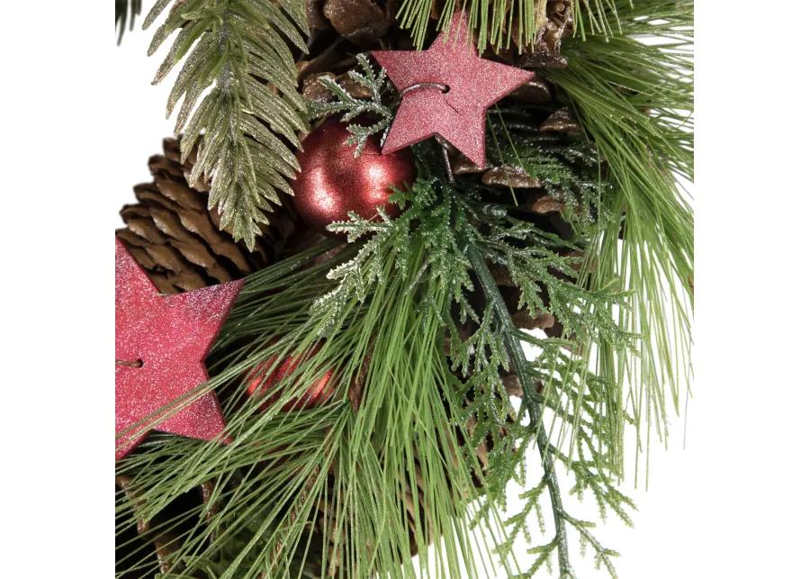 Red and Green Pine Needle  Pinecone and Star Christmas Wreath  13.5-Inch  Unlit