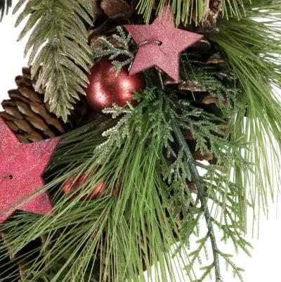 Red and Green Pine Needle  Pinecone and Star Christmas Wreath  13.5-Inch  Unlit