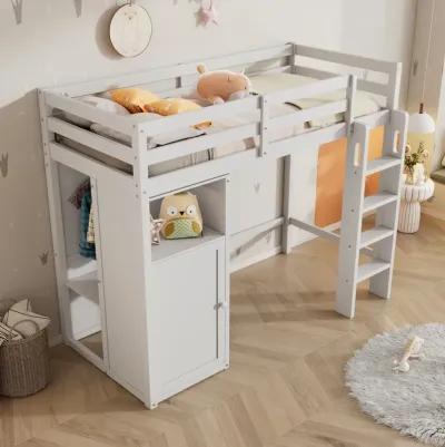 Merax Loft Bed with Wardrobe Storage Shelves and Ladder