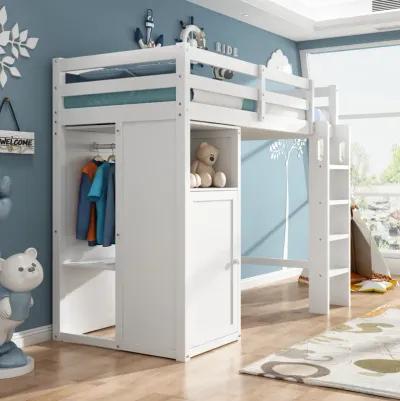 Merax Loft Bed with Wardrobe Storage Shelves and Ladder