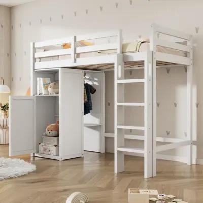 Merax Loft Bed with Wardrobe Storage Shelves and Ladder