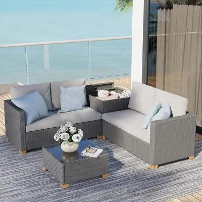 MONDAWE 4 Pieces Outdoor Conversation Sets with Cushions, Wicker Modular Sofa Sets for Garden Backyard Terrace