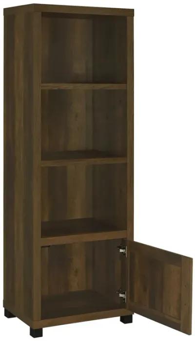 Sac 71 Inch Media Pier Tower with 3 Shelves and Cabinet, Dark Pine Wood - Benzara