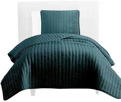 Elia Twin Contemporary Quilt Coverlet Set with Crinkle Texture, Teal Green - Benzara