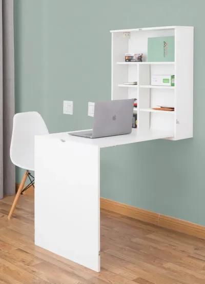 Wall Mount Laptop Fold-out Desk with Shelves, White