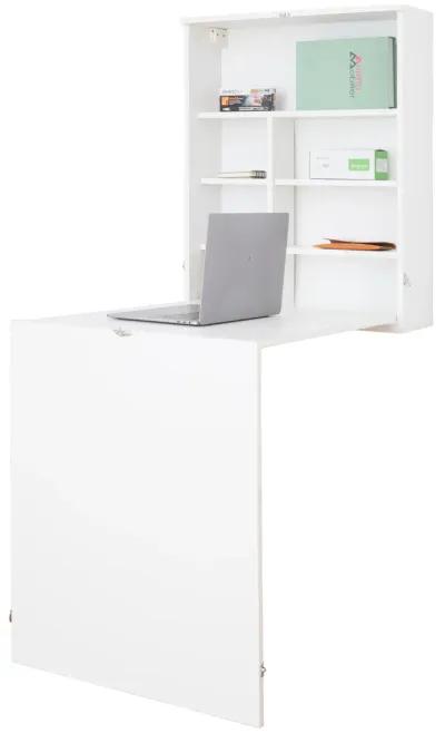 Wall Mount Laptop Fold-out Desk with Shelves, White