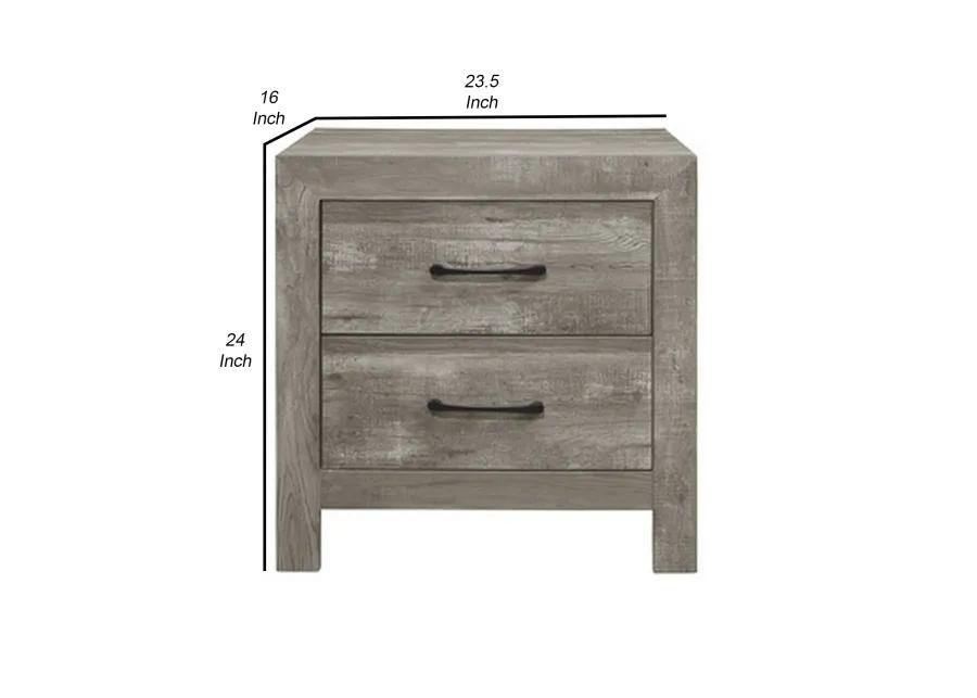 Adia 24 Inch Classic 2 Drawer Nightstand, Metal Handles, Rustic Gray Finish-Benzara