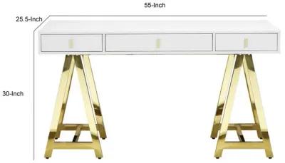 Ile 55 Inch Desk with 3 Storage Drawers, White Wood Veneer, Gold Metal - Benzara