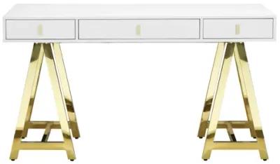 Ile 55 Inch Desk with 3 Storage Drawers, White Wood Veneer, Gold Metal - Benzara