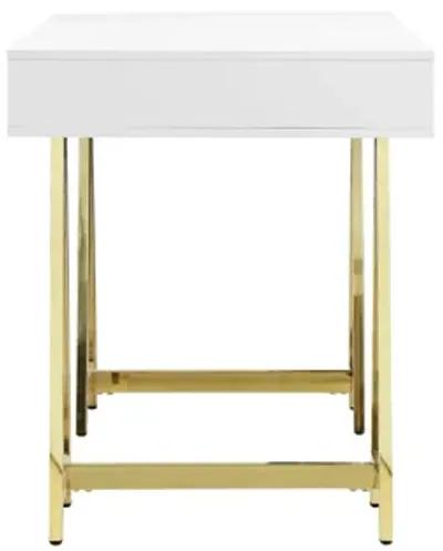 Ile 55 Inch Desk with 3 Storage Drawers, White Wood Veneer, Gold Metal - Benzara