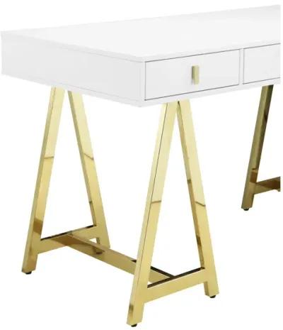 Ile 55 Inch Desk with 3 Storage Drawers, White Wood Veneer, Gold Metal - Benzara