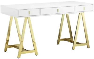 Ile 55 Inch Desk with 3 Storage Drawers, White Wood Veneer, Gold Metal - Benzara