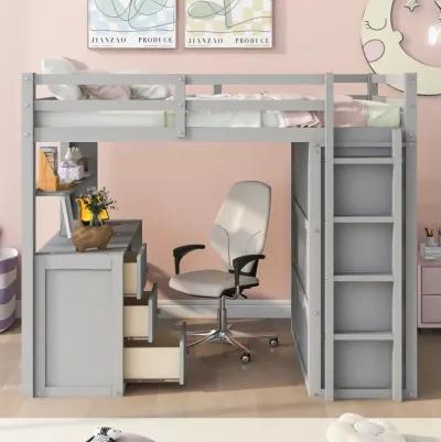 Full Size Loft Bed With Drawers, Desk, And Wardrobe