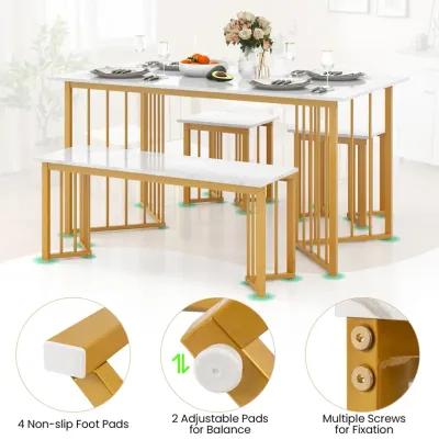 4 Piece Dining Table Set with Bench and 2 Stools-White