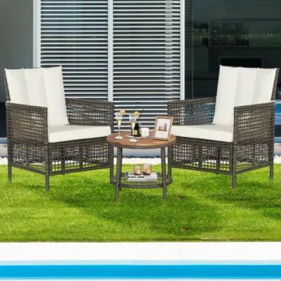 Hivvago 3 Pieces Patio Rattan Furniture Set with Cushioned Sofas and Wood Table Top