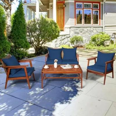 Hivvago 4 Pieces Acacia Wood Patio Rattan Furniture Set with Zippered Cushions