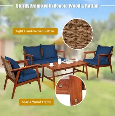 Hivvago 4 Pieces Acacia Wood Patio Rattan Furniture Set with Zippered Cushions