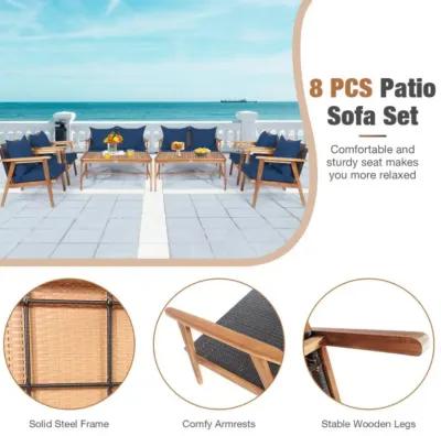 Hivvago 4 Pieces Acacia Wood Patio Rattan Furniture Set with Zippered Cushions