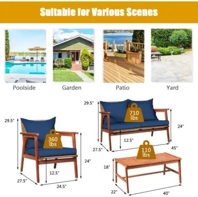 Hivvago 4 Pieces Acacia Wood Patio Rattan Furniture Set with Zippered Cushions