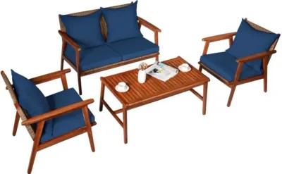 Hivvago 4 Pieces Acacia Wood Patio Rattan Furniture Set with Zippered Cushions