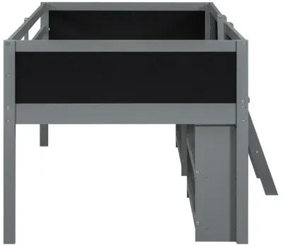 Twin Size Low Loft Bed With Two Movable Shelves And Ladder, With Decorative Guardrail Chalkboard