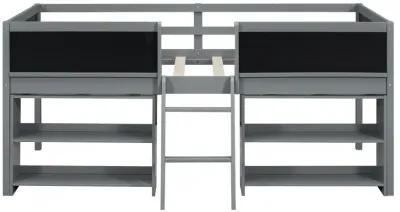 Twin Size Low Loft Bed With Two Movable Shelves And Ladder, With Decorative Guardrail Chalkboard