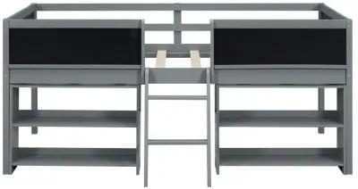 Twin Size Low Loft Bed With Two Movable Shelves And Ladder, With Decorative Guardrail Chalkboard