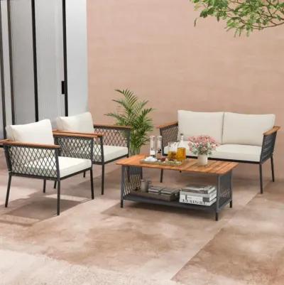 Hivvago 4 Piece Patio Rattan Furniture Set with 2-Tier Coffee Table