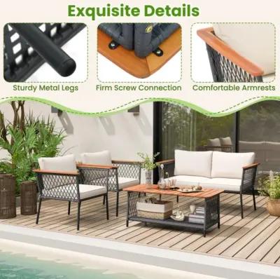 Hivvago 4 Piece Patio Rattan Furniture Set with 2-Tier Coffee Table