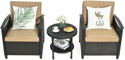 3 Pieces Patio Rattan Furniture Set Cushioned Sofa Storage Table with Shelf Garden