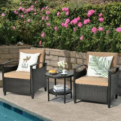 3 Pieces Patio Rattan Furniture Set Cushioned Sofa Storage Table with Shelf Garden