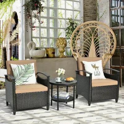 3 Pieces Patio Rattan Furniture Set Cushioned Sofa Storage Table with Shelf Garden