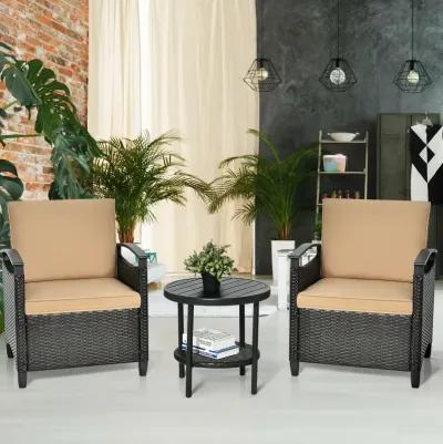 3 Pieces Patio Rattan Furniture Set Cushioned Sofa Storage Table with Shelf Garden