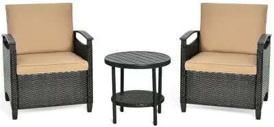 3 Pieces Patio Rattan Furniture Set Cushioned Sofa Storage Table with Shelf Garden