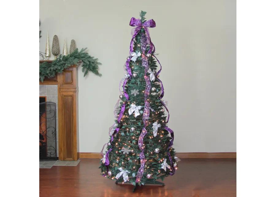 6' Pre-Lit Purple and Silver Pre-Decorated Pop-Up Artificial Christmas Tree  Clear Lights