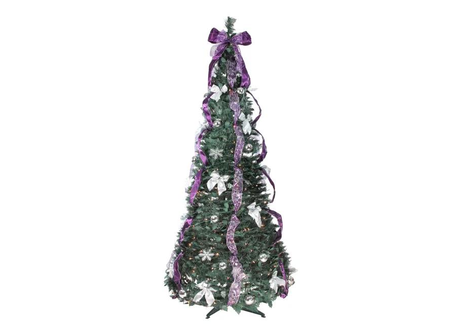 6' Pre-Lit Purple and Silver Pre-Decorated Pop-Up Artificial Christmas Tree  Clear Lights