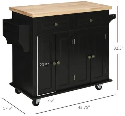 Black Kitchen Island: Cart with Varnished Rubberwood Top and Casters