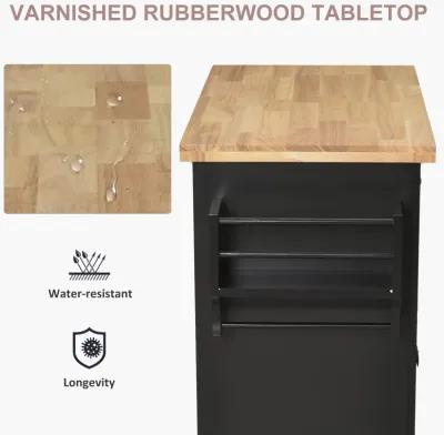 Black Kitchen Island: Cart with Varnished Rubberwood Top and Casters