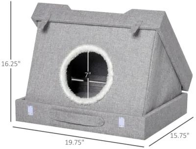 Grey Cat Retreat: Foldable Wooden 2-in-1 Kitten House with Cushions